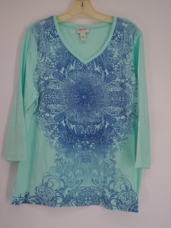 Chico's Zenergy Tops - Chico's Zenergy  Woman's 3/4 Sleeve Aqua n Purple Print Top  Size 3 US XL